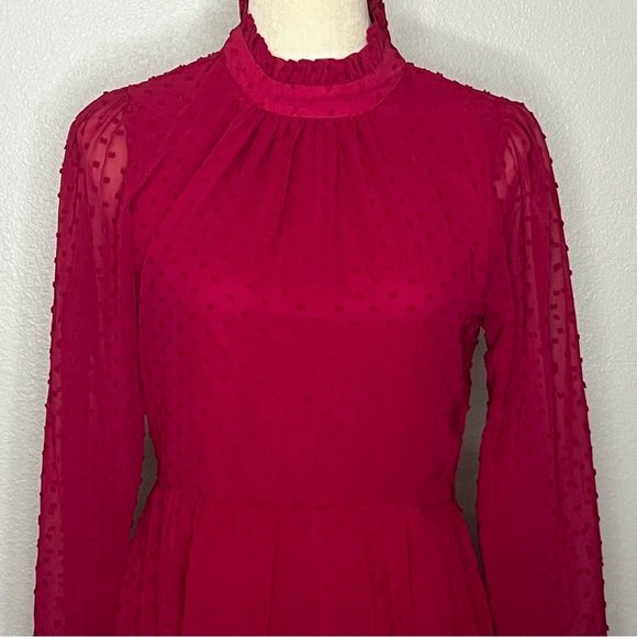 Trixxi High Neck Sheer Sleeve Dress Women M Red Magenta Tiered Ruffle Zip Midi - Picture 2 of 10